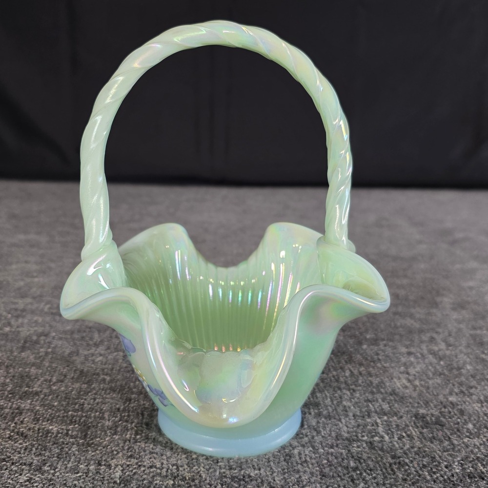 Fenton Art Glass Iridescent Green Hand Painted Butterfly Basket L Everson 5430GG